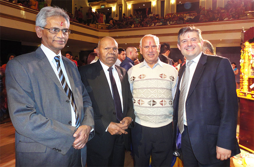 From Left to Right: Mr Jashvantlal Chauhan (General Secretary of the Leicester Hindu Festival Council), Mr Maganbhai Patel (President of the Leicester Hindu Festival Council), Mr Mahesh Chander Prasher (of the Leicester Hindu Festival Council), and Jon Ashworth