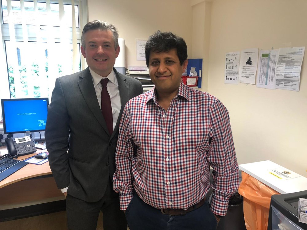 Jon met with Dr Rishabh Prasad at Springfield Road Surgery to discuss their innovative work using digital technology to support patient care - Friday June 21 2019