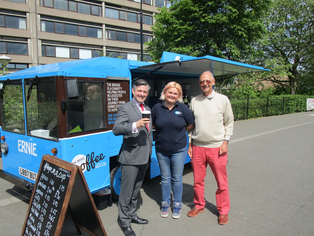 Jon drops by The Bridge’s Coffee Milkfloat on Victoria Park. Profits from the Coffee Milkfloat go to fund The Bridge’s work with homeless people - Friday May 18 2018
