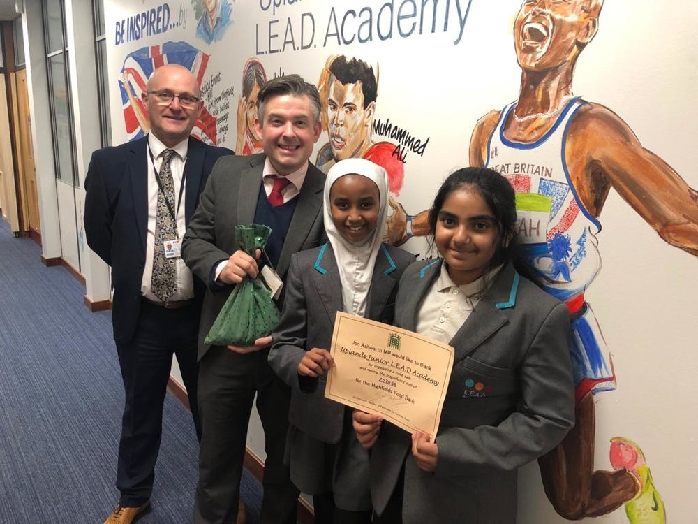 Jon thanks Uplands Junior L.E.A.D Academy for raising nearly £300 for the Highfields Food Bank - Friday December 21 2018
