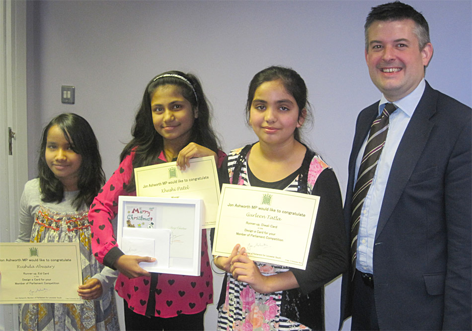 Jon with (left to right) Rushda Abusary, Khushi Patel and Gurleen Tatla