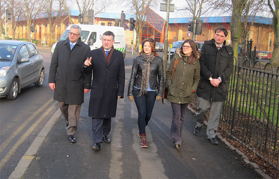 Jon with (left to right) Martin Fletcher (City Council Head of Highways), Jodie, Councillors Cutkelvin and Clarke walking along Saffron Lane.
