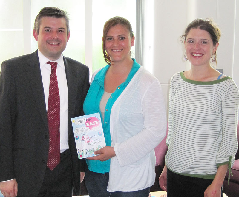 Jon, Kellie Bugby and Cllr Cutkelvin during the visit to the Linwood Centre on Saffron Lane