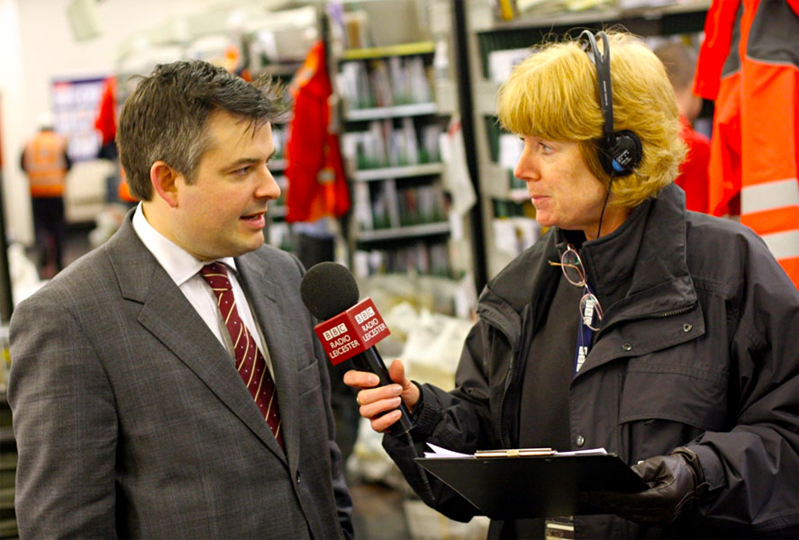Jon Ashworth MP being interviewed for Radio Leicester during his pre-Christmas visit to the Royal Mail's Central Delivery Office