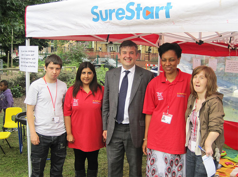 Jon with staff from Sure Start St Matthews (Left to right Jonathan Hawthorne, Mital, Jon, Fatma Abdalluh, Melouise Blakemore)