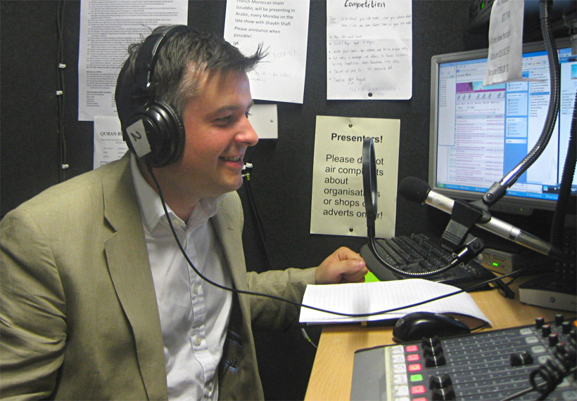 Jon at the microphone of FMO Leicester's own Ramadan Radio station on Saturday