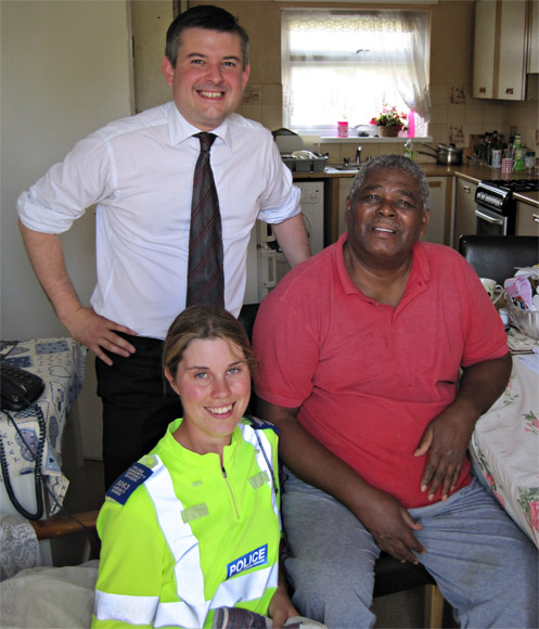 Jon Ashworth MP with local Leicester resident, Livingston Deazle, and PCSO Lindsey Bones