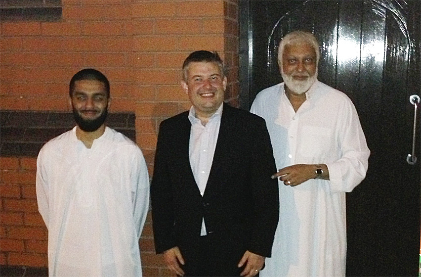 Jon, outside Masjid Al Falah with Riyaz Laher and Suleman Nagdi MBE from FMO