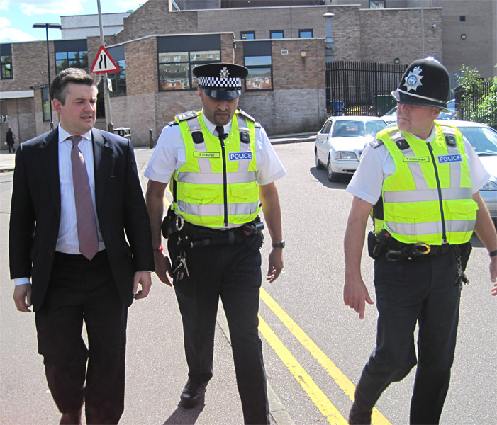 Jon Ashworth, on the beat recently with Police officers Sergeant Chauhan Sanjay and PC Tom Walkinshaw