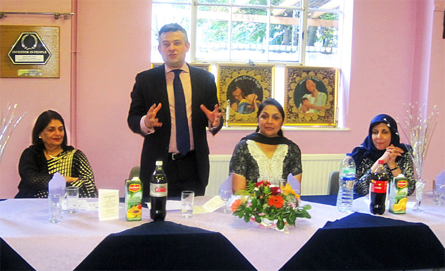 Jon speaks at the launch with (left to right) Cllr Manjula Sood MBE, Yasmin Nathani (Chair of Shama Women’s Centre) and Khudeja Amer-Sharif (Shama Women’s Centre Coordinator)