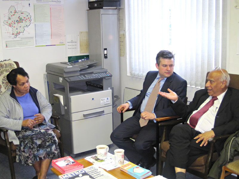 Jon Ashworth MP with Jean and Cllr Dr Chowdhury at offices of St Matthews Tenants & Residents Association, Leicester