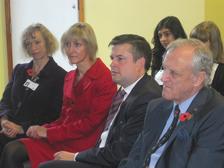 Jon listening to presentations with Sarah Raynes, Vice Principal, Alison Merrills, Principal, Jon and Tony Greenwood, Chair of Governors